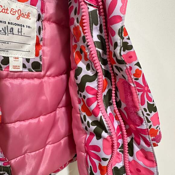 Cat & Jack Baby Toddler Pink Floral Winter Hooded Jacket Size 18M - Picture 7 of 7